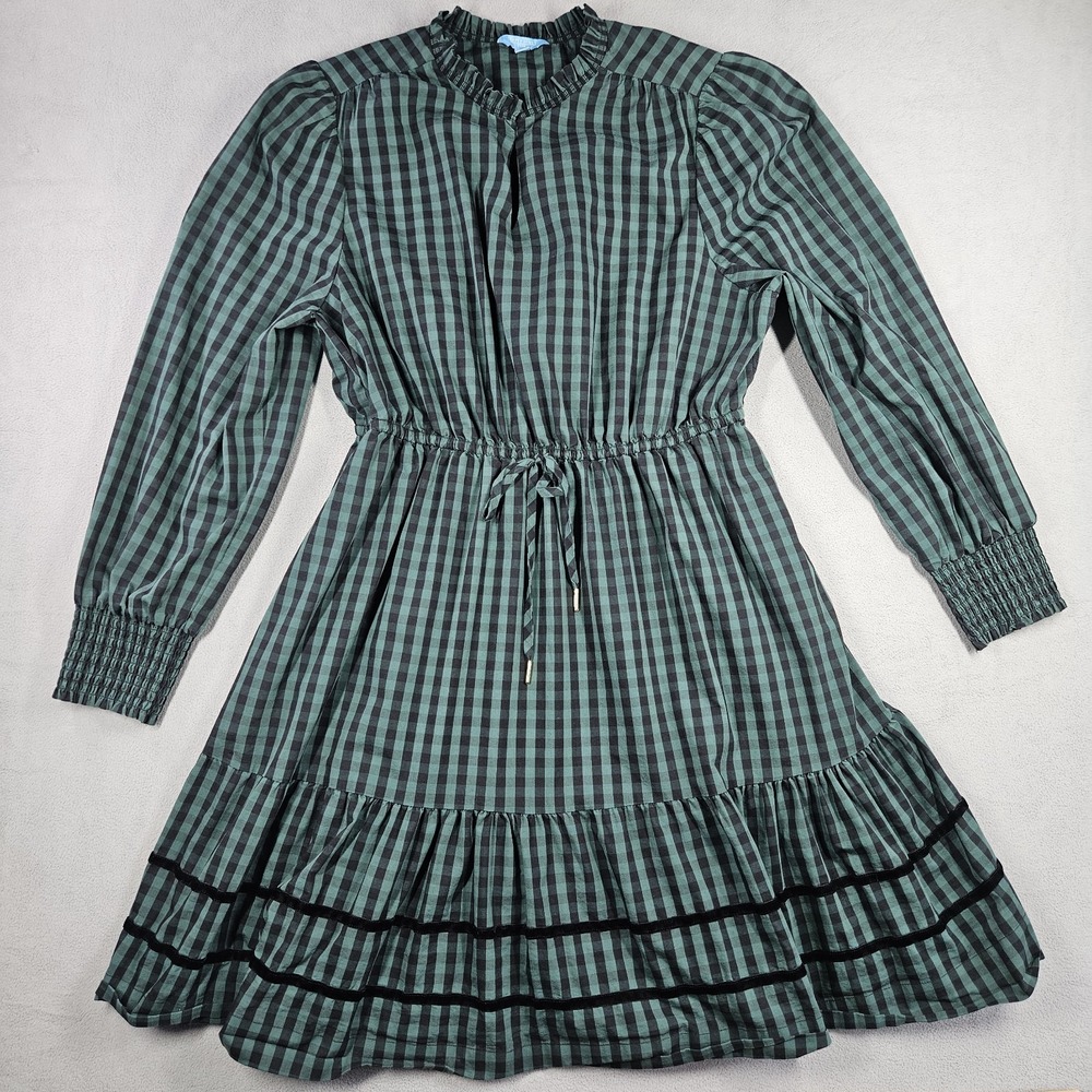 Draper James RSVP Dress Womens 1X Green Gingham Pockets Holiday Keyhole Neckline